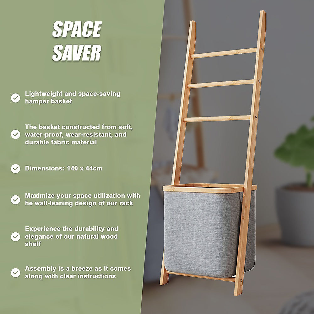 Wall Leaning Ladder Shelf with Laundry Basket Clothes Hamper Bath Towel Rack in Grey