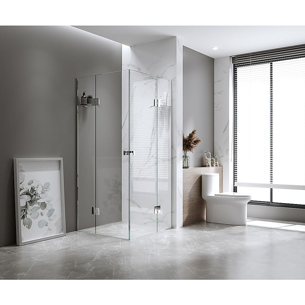 90x110cm Double Door Corner Shower Screen – Wall Channels with SS Hinges in Gold, Round Handle