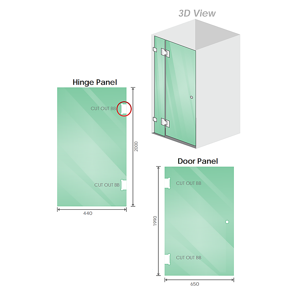 90x110cm Double Door Corner Shower Screen – Wall Channels with SS Hinges in Gold, Round Handle