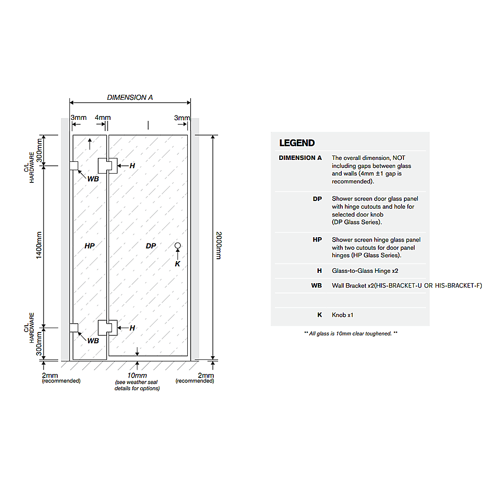 90x110cm Double Door Corner Shower Screen – Wall Channels with SS Hinges in Gold, Round Handle