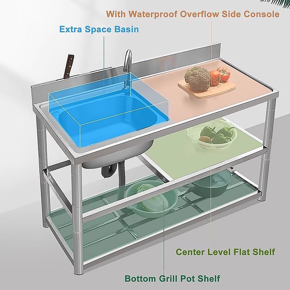 Freestanding Stainless Steel Kitchen Sink 120x50x79cm – Commercial Utility Wash Basin