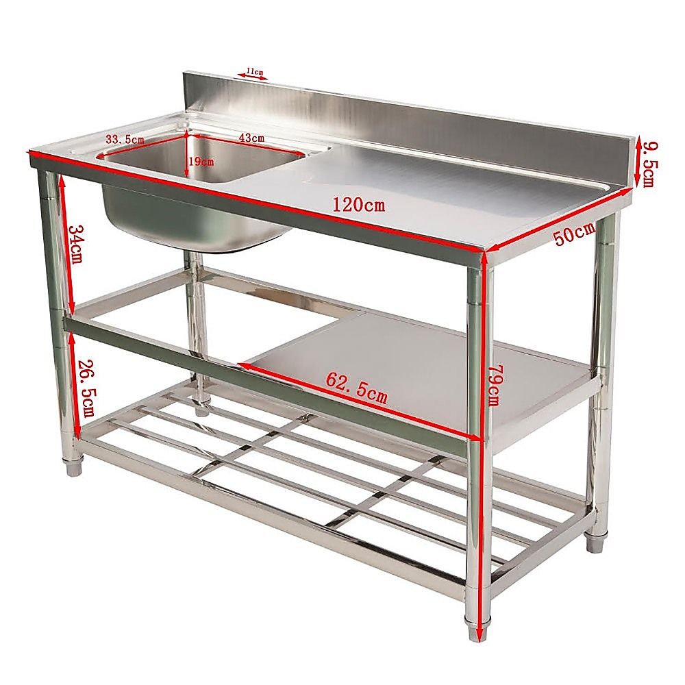 Freestanding Stainless Steel Kitchen Sink 120x50x79cm – Commercial Utility Wash Basin