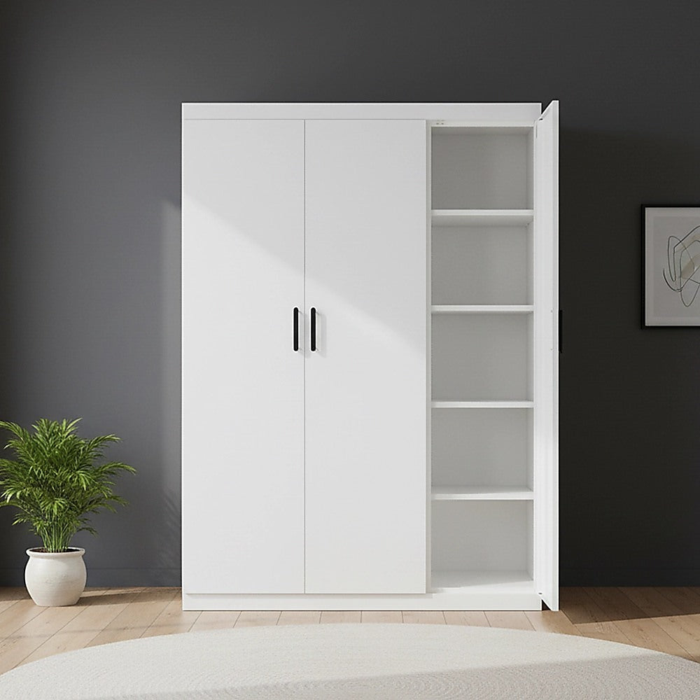 3 Door White Wardrobe – Black Handles, Hanging Rail & Shelves