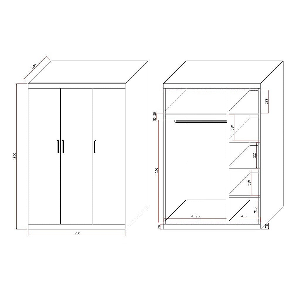 3 Door White Wardrobe – Gold Handles, Hanging Rail & Shelves