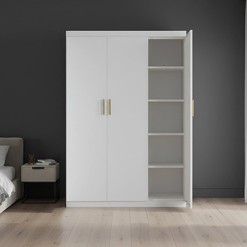 3 Door White Wardrobe – Gold Handles, Hanging Rail & Shelves
