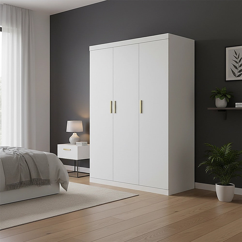 3 Door White Wardrobe – Gold Handles, Hanging Rail & Shelves
