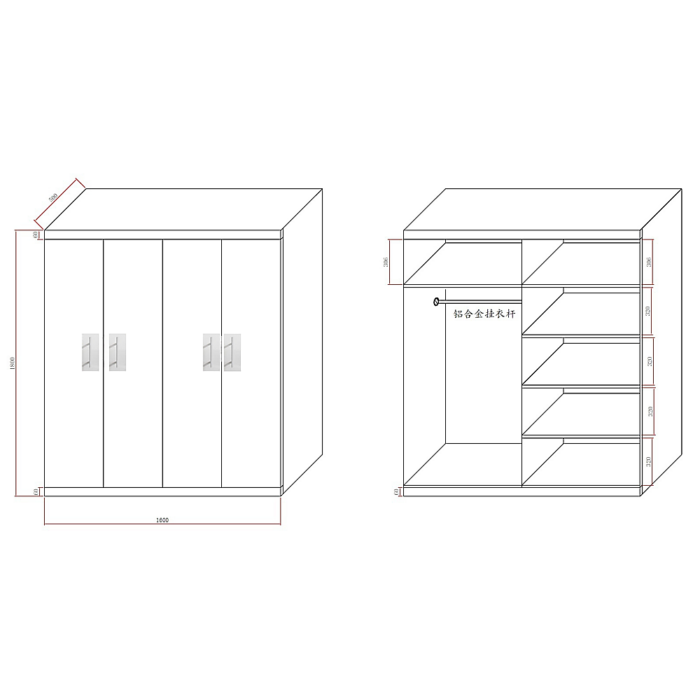 4 Door Wardrobe in White Gloss – Hanging Rail, Shelves & White Handles