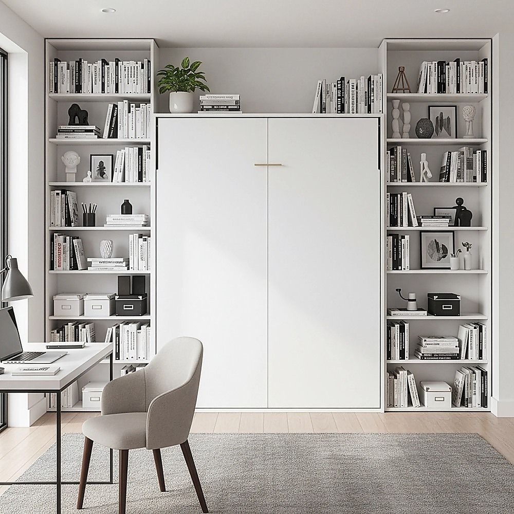 Double Wall Bed in White Gloss – Space Saving Murphy Bed Kit with Silver Door Handle