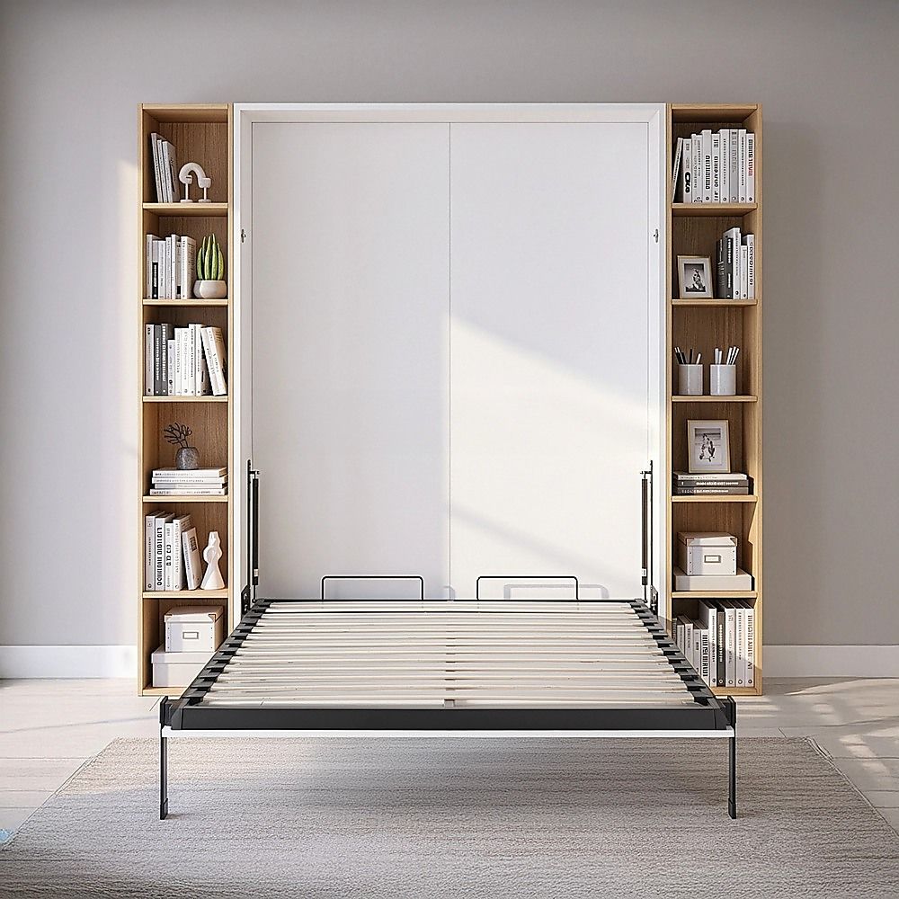 Double Wall Bed in White Gloss – Space Saving Murphy Bed Kit with Gold Door Handle