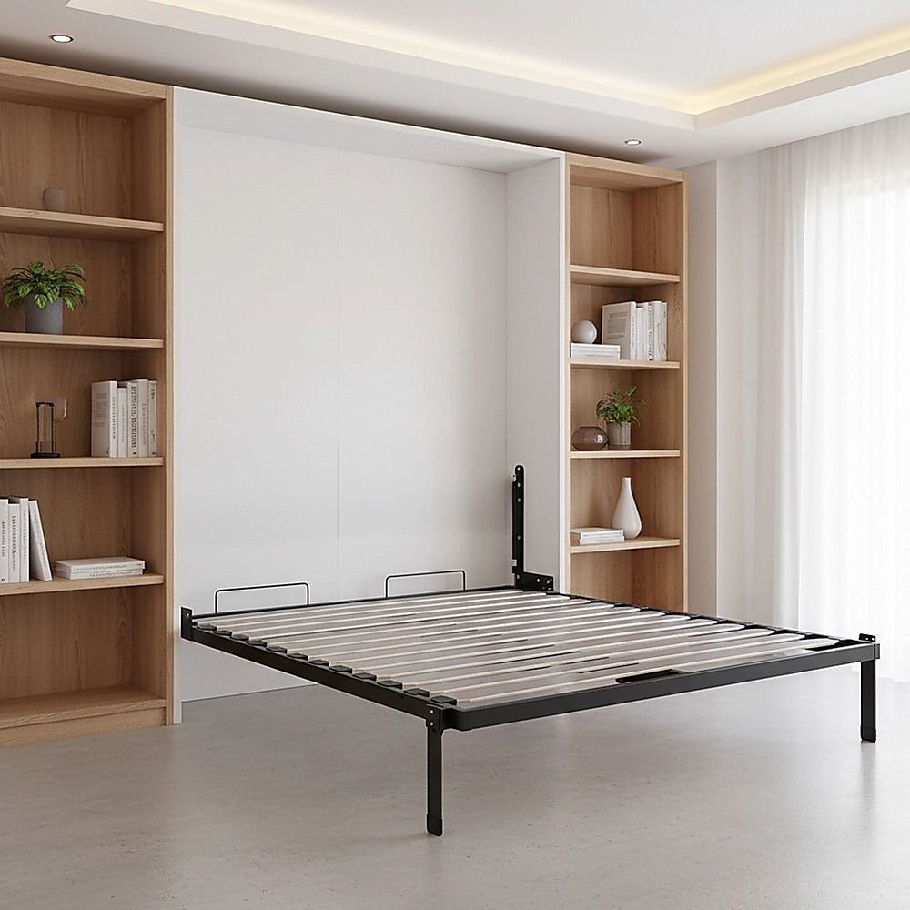 Double Wall Bed in White – Space Saving Murphy Bed Kit with Silver Door Handle