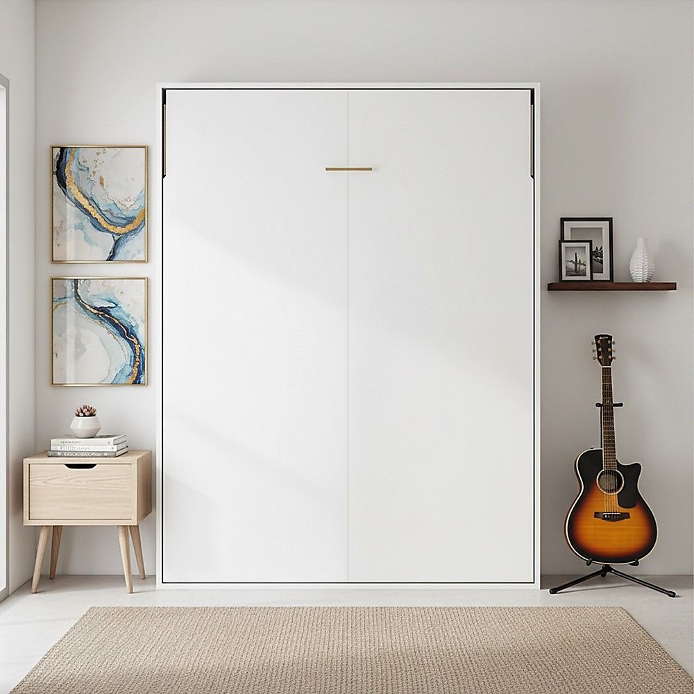 Double Wall Bed in White – Space Saving Murphy Bed Kit with Silver Door Handle