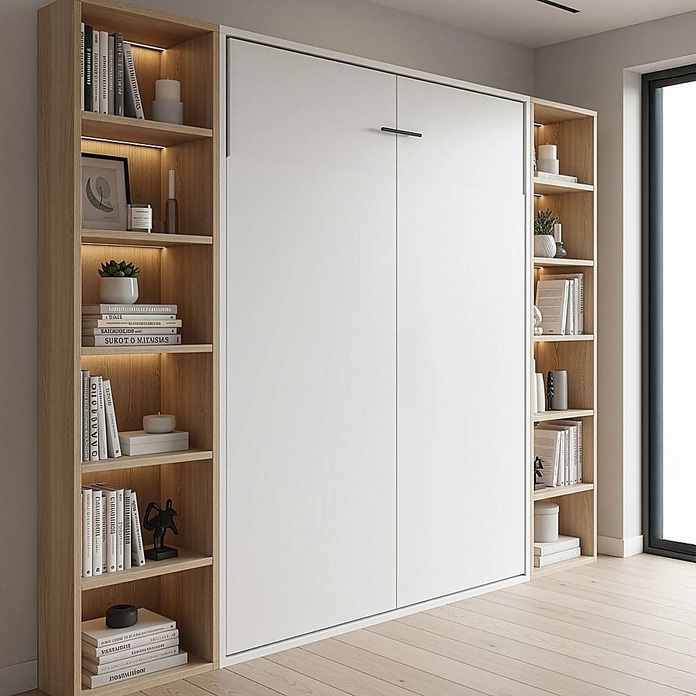 Double Wall Bed in White – Space Saving Murphy Bed Kit with Gold Door Handle