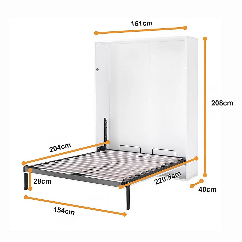 Queen Wall Bed in White Gloss – Space Saving Murphy Bed Kit with Black Door Handle