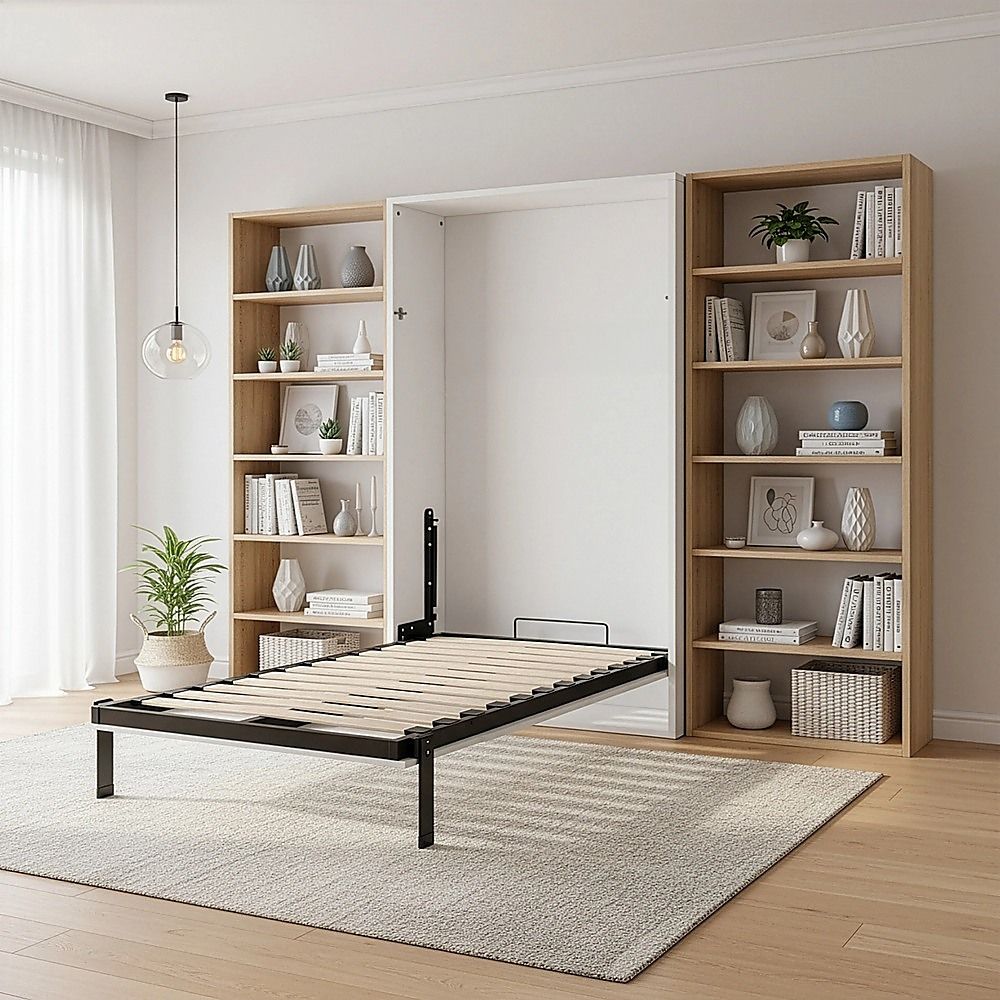 Single Wall Bed in White Gloss – Space Saving Murphy Bed Kit with Silver Door Handle