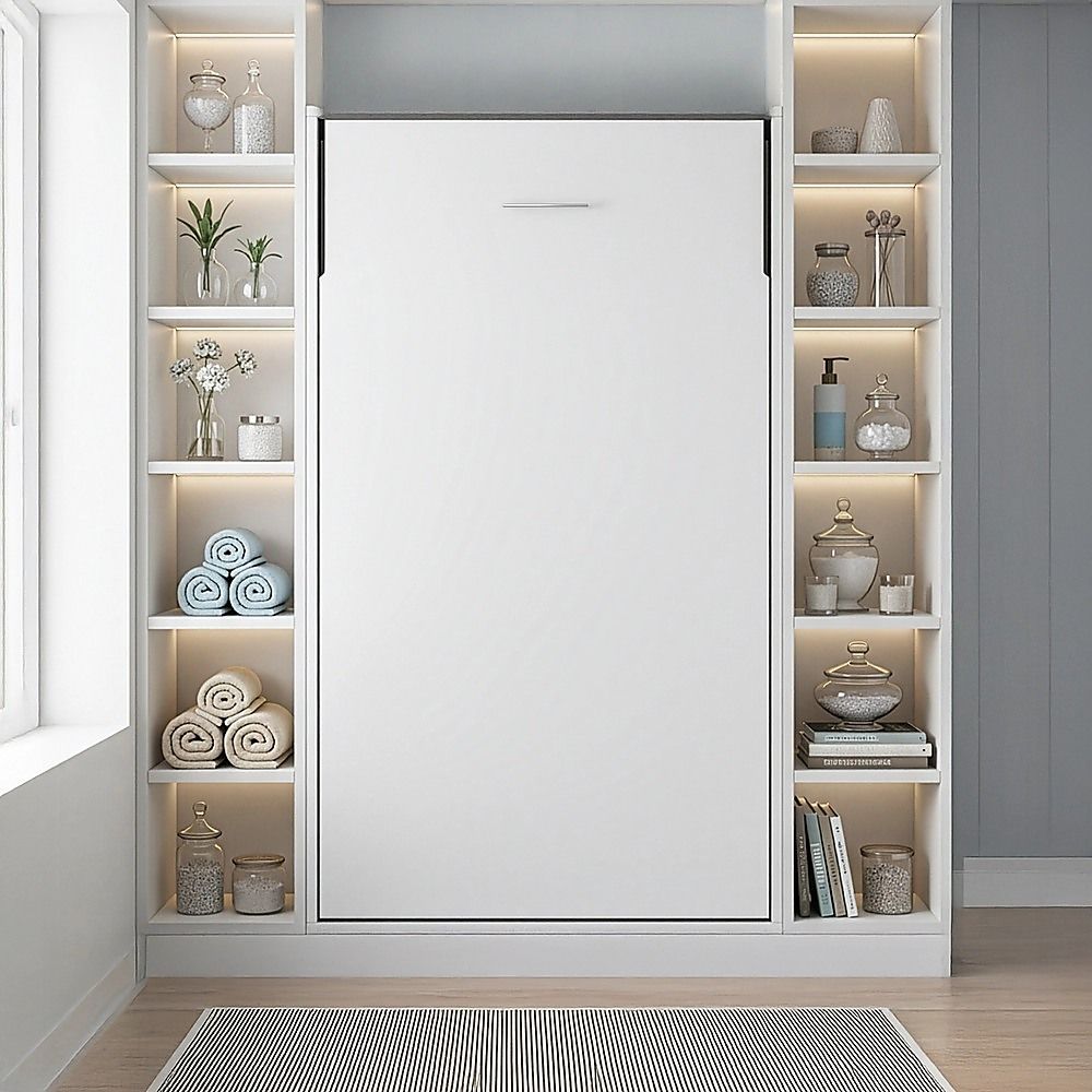 Single Wall Bed in White Gloss – Space Saving Murphy Bed Kit with Gold Door Handle