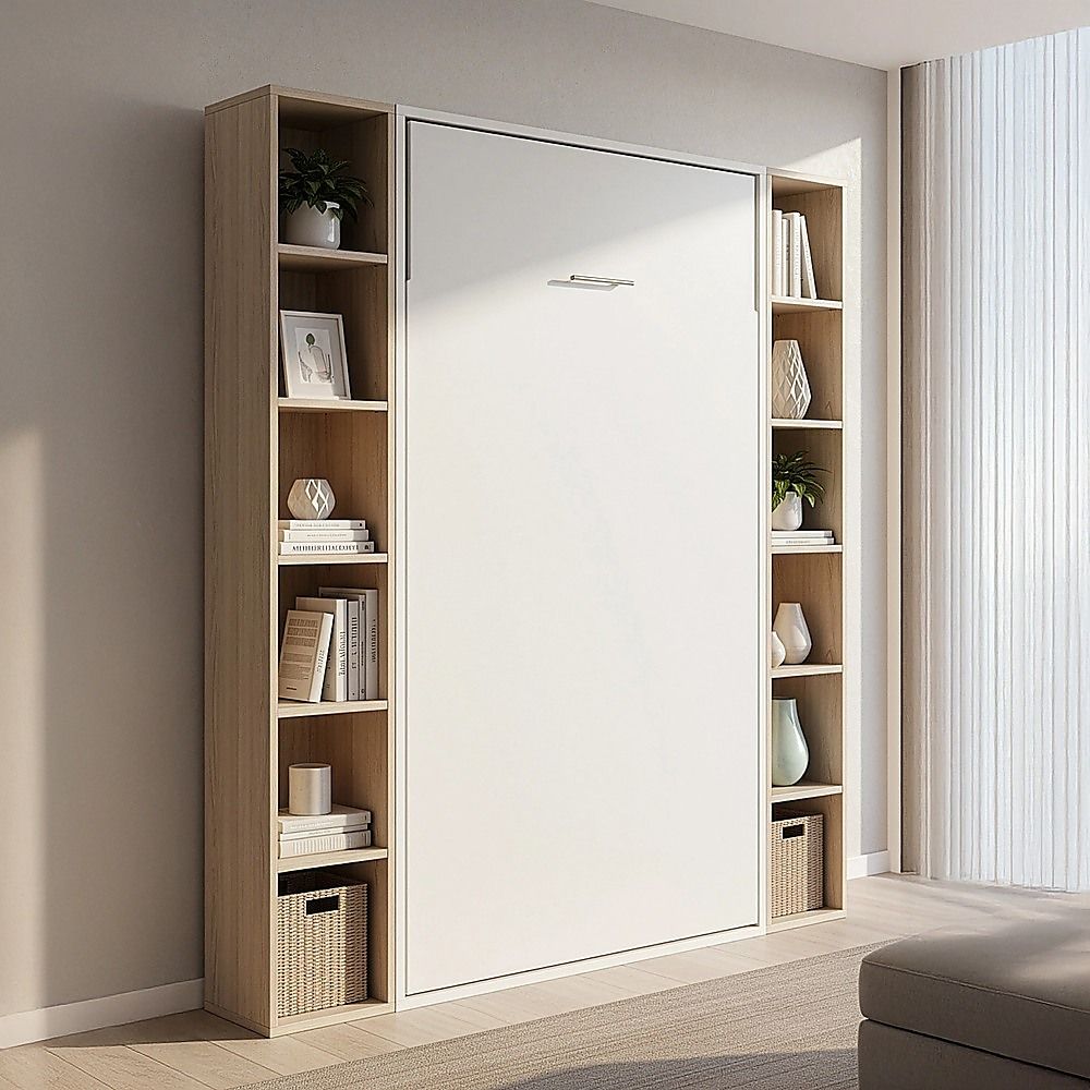 King-single Wall Bed in White – Space Saving Murphy Bed Kit with Silver Door Handle
