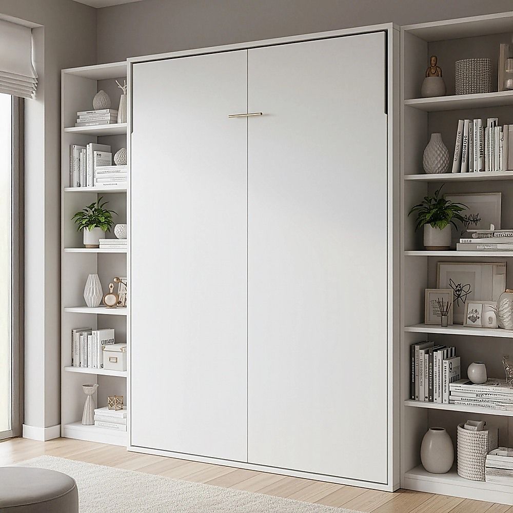 Queen Wall Bed in White – Space Saving Murphy Bed Kit with Gold Door Handle