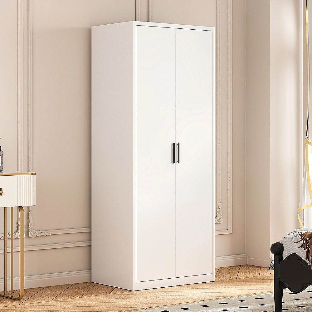80x200cm 2-Door White Steel Hanging Wardrobe with Black Handle Storage Cabinet