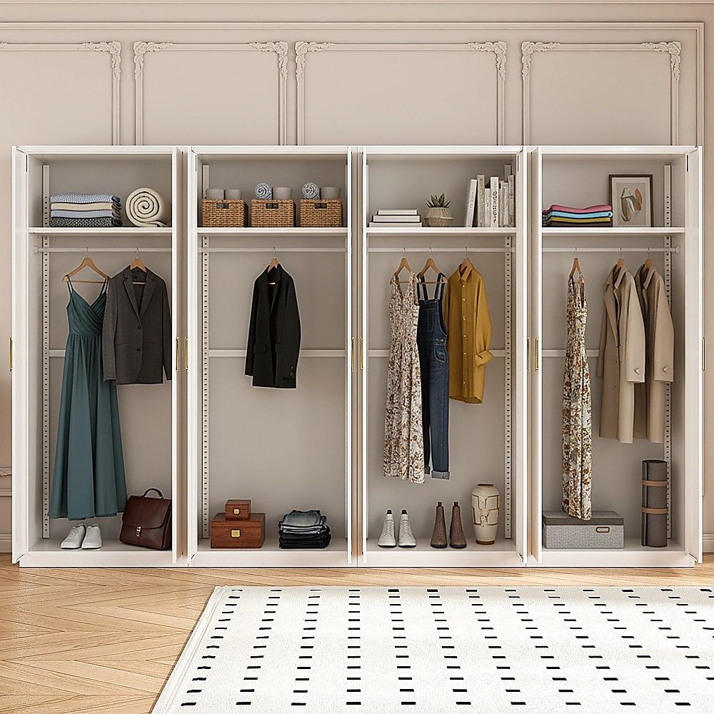 320x200cm 8-Door White Steel Hanging Wardrobe with Gold Handle Storage Cabinet