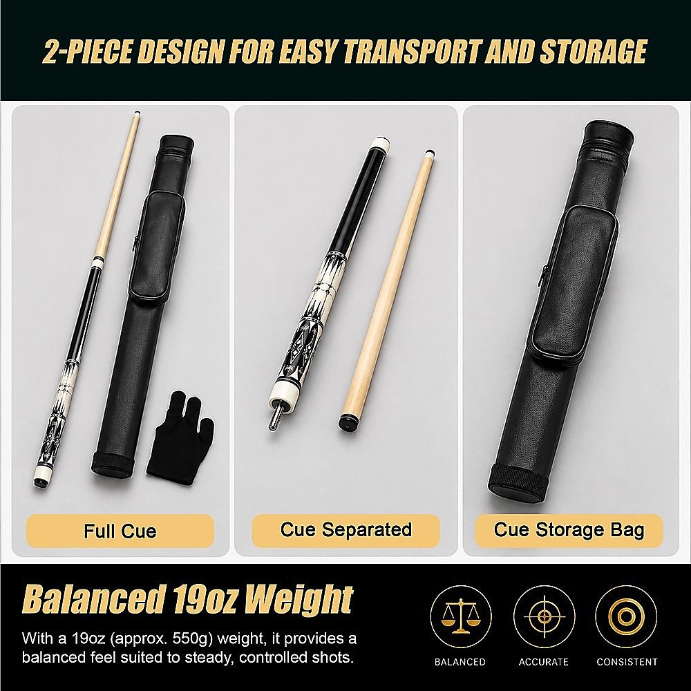 57" 2-Piece Maple Wood Billiard Pool Cue Sticks 19oz with Free Carry Bag for Smooth Control and Accuracy
