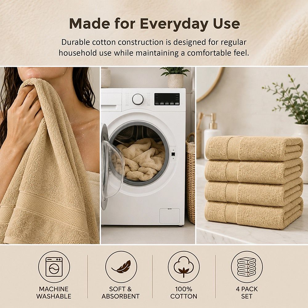Bath Towel Set – 4-Pack Beige 500 GSM Ring-Spun Cotton Towels
