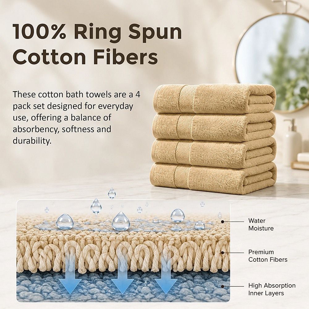 Bath Towel Set – 4-Pack Beige 500 GSM Ring-Spun Cotton Towels
