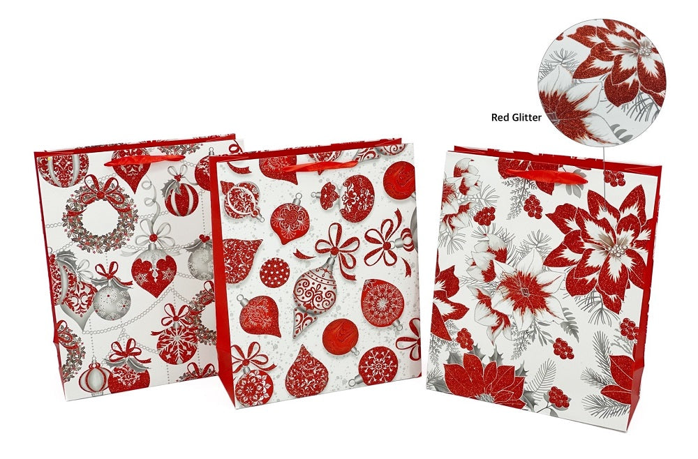 bulk 48 Medium Glitter Bauble Xmas Gift Bag 210Gsm Assort Present 24cm
