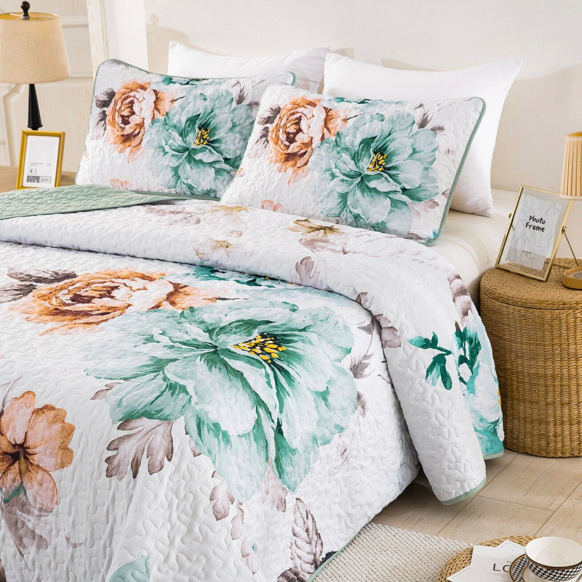 Rustic Farmhouse Chic floral Cozy 3 Pc Bedspread & Pillow Cover Set