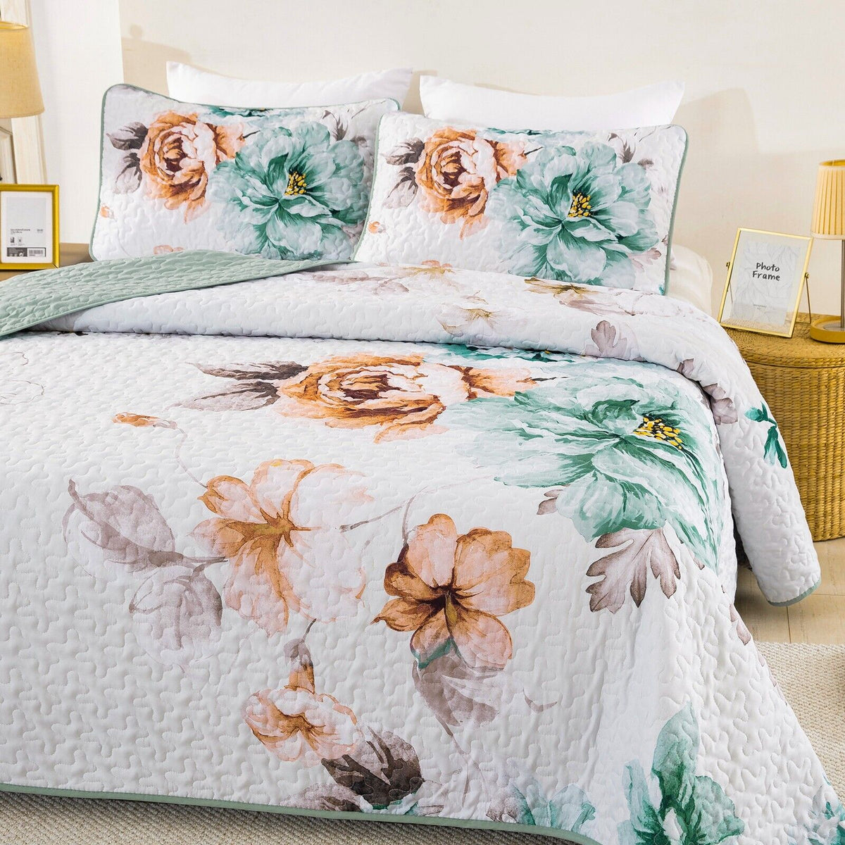 Rustic Farmhouse Chic floral Cozy 3 Pc Bedspread & Pillow Cover Set