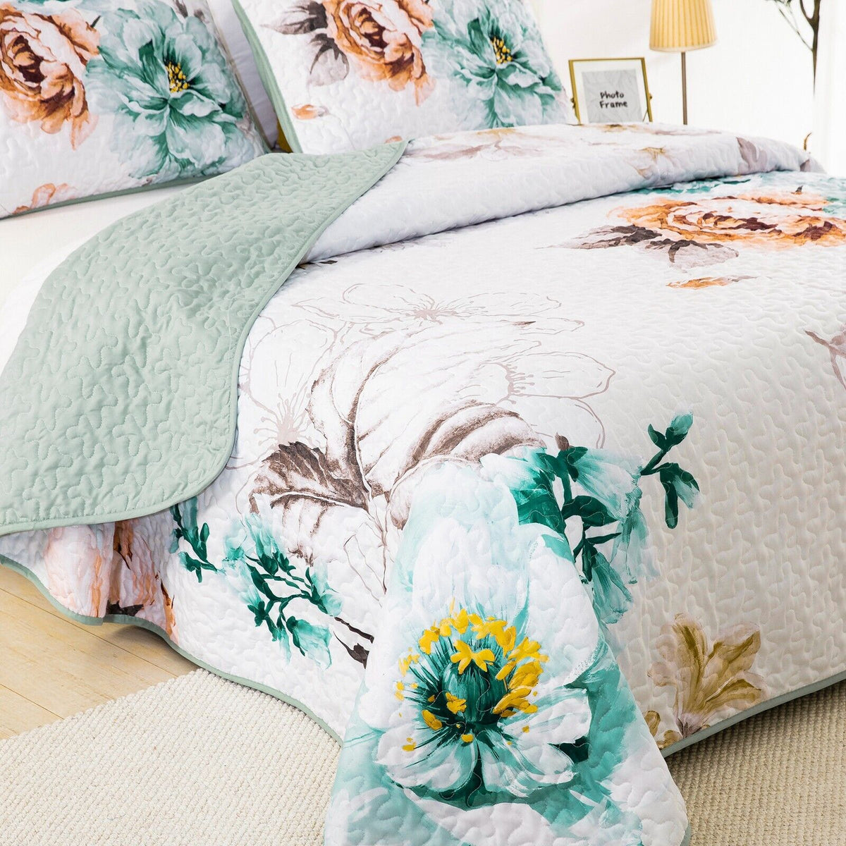 Rustic Farmhouse Chic floral Cozy 3 Pc Bedspread & Pillow Cover Set