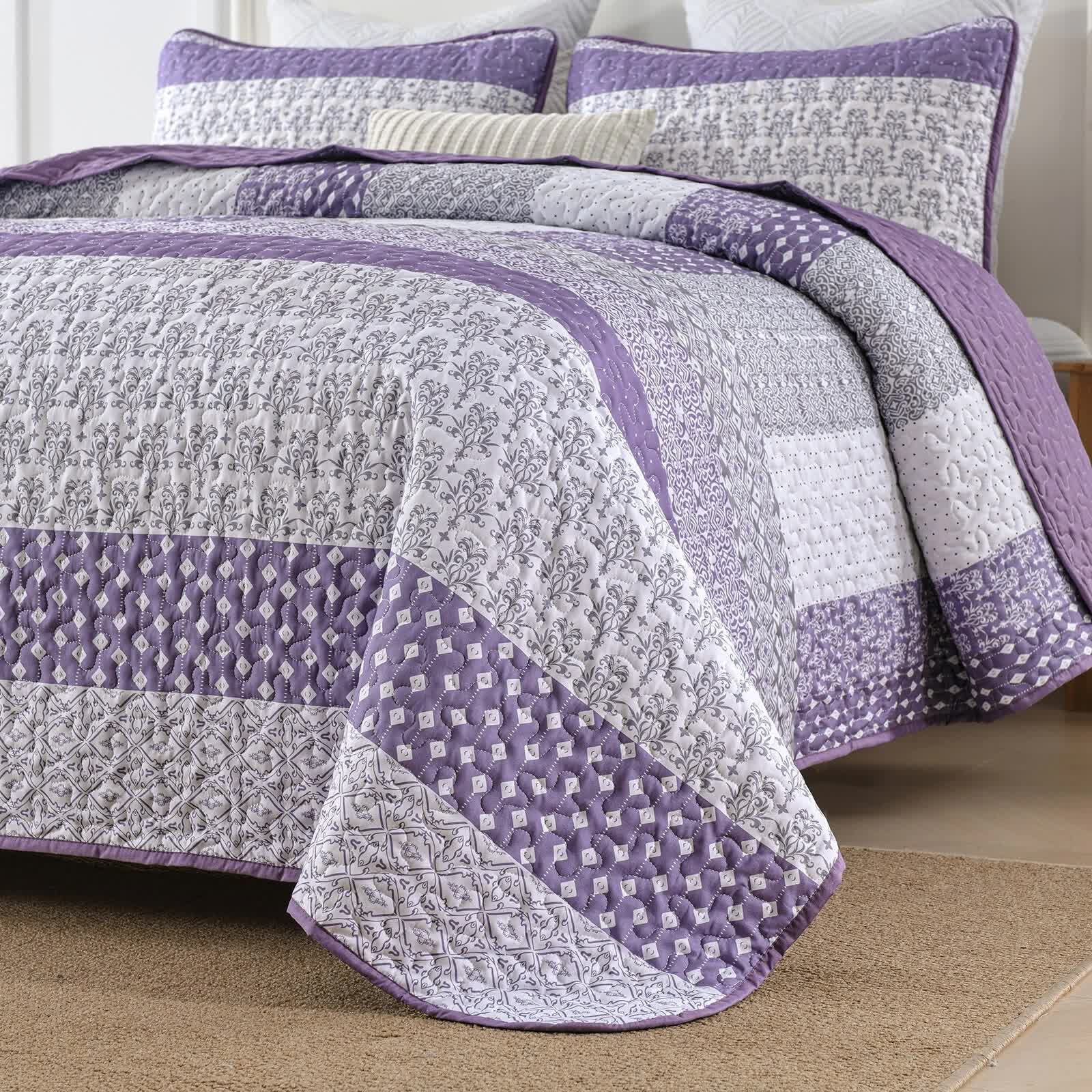 Bohemian Purple and White Quilted Bedspread or Coverlet Set and matching pillowcases