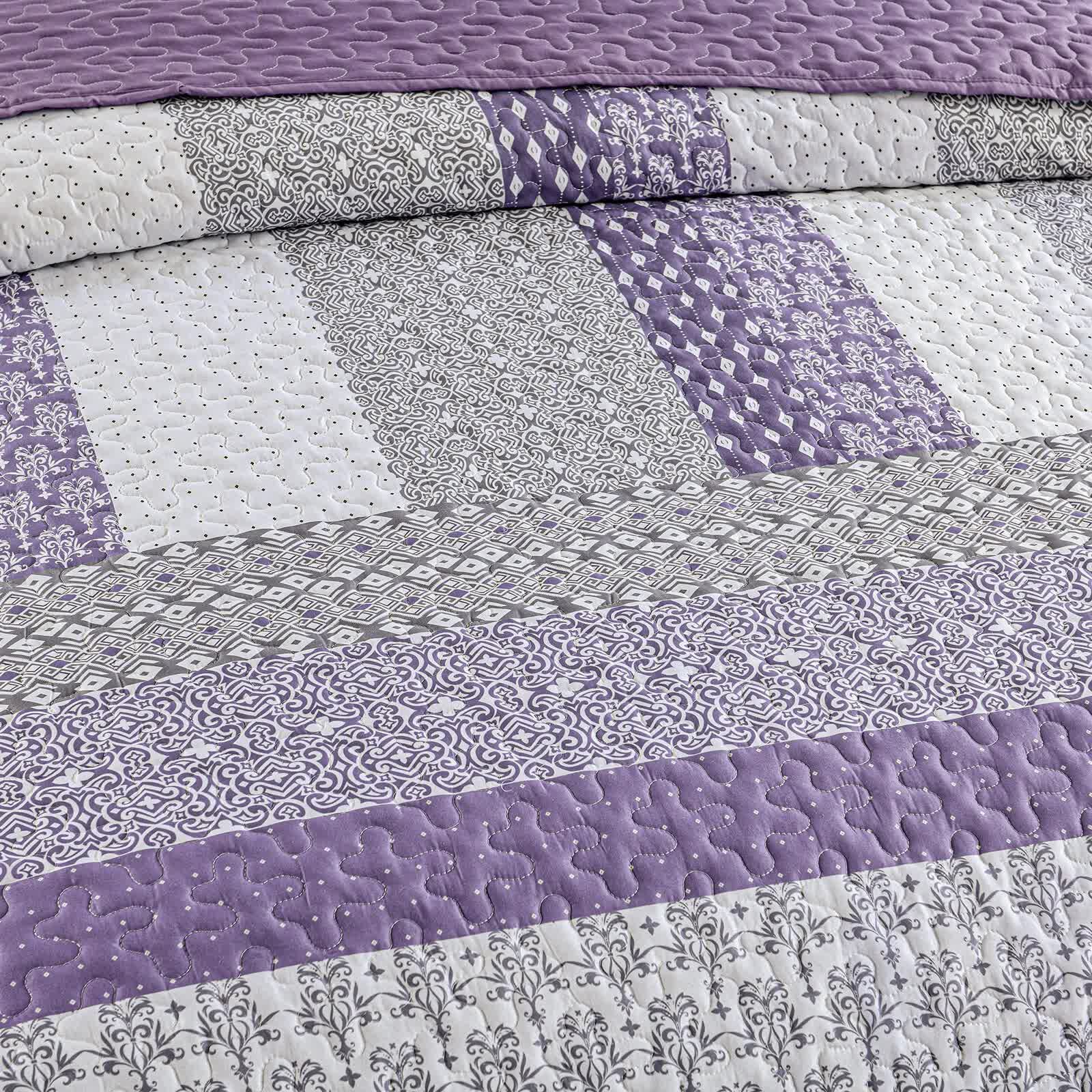 Bohemian Purple and White Quilted Bedspread or Coverlet Set and matching pillowcases