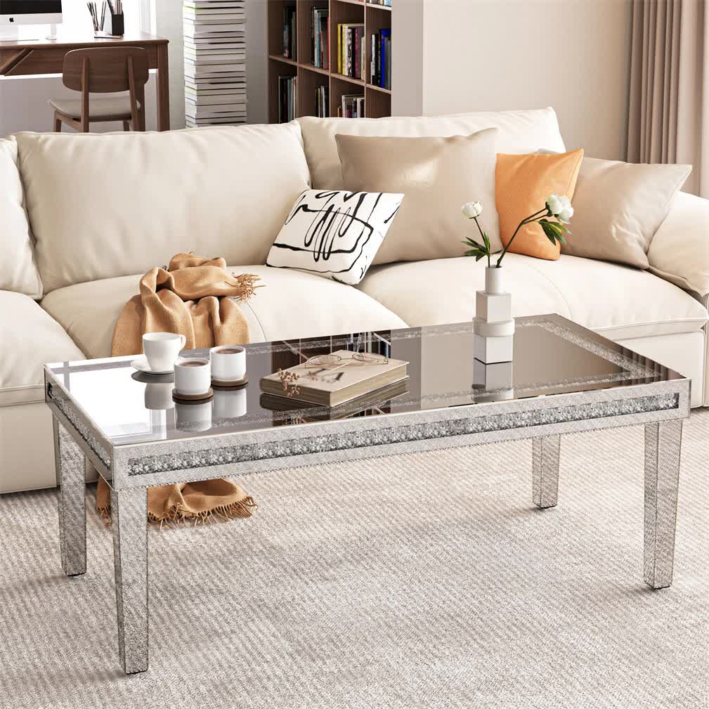 Silver Mirrored Coffee Table with Crushed Crystal Diamond Inlay Rectangular Center Table for Living Room