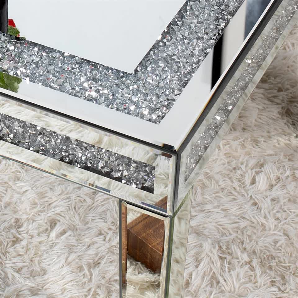 Silver Mirrored Coffee Table with Crushed Crystal Diamond Inlay Rectangular Center Table for Living Room