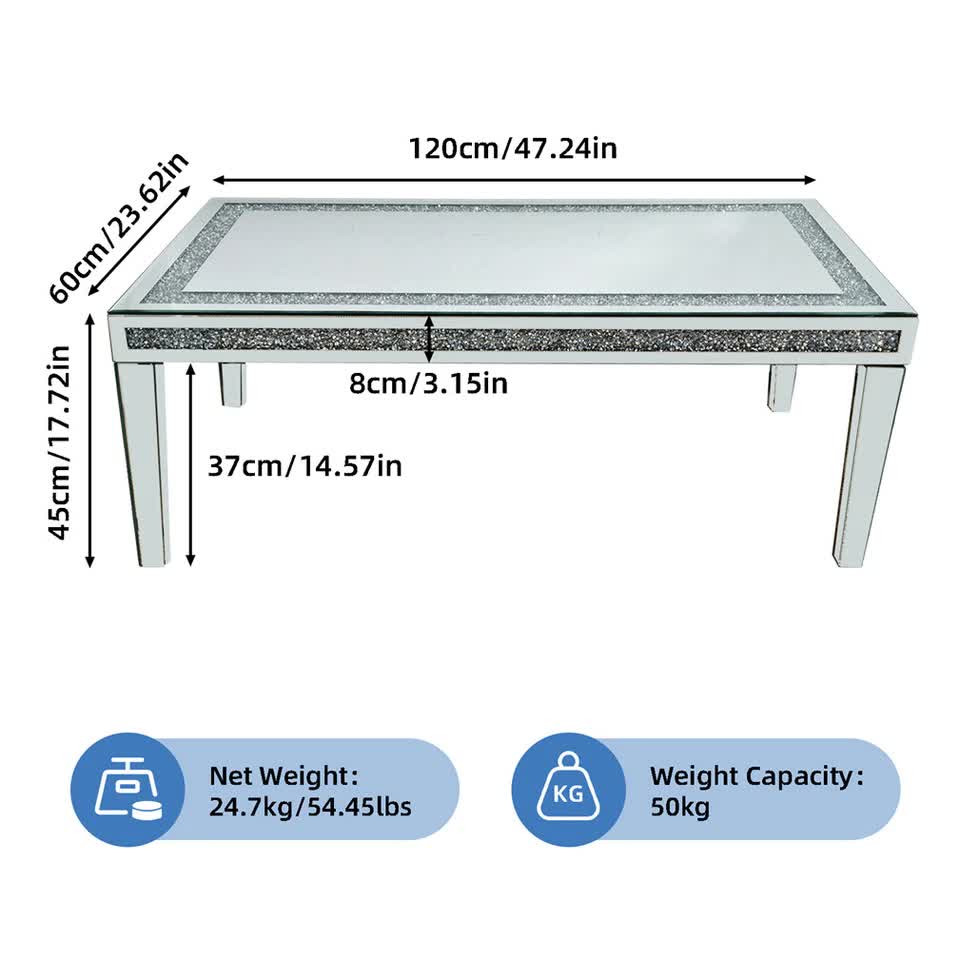 Silver Mirrored Coffee Table with Crushed Crystal Diamond Inlay Rectangular Center Table for Living Room