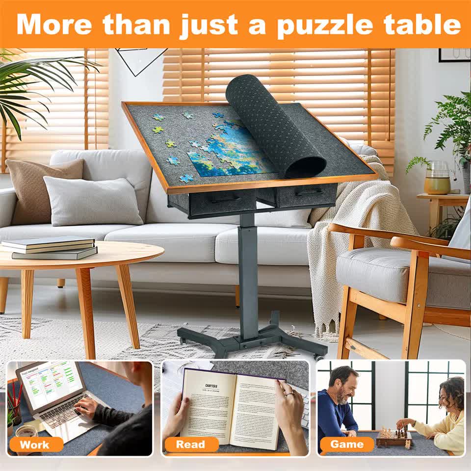 Wooden Jigsaw Puzzle Table with Tilt, Drawers and Rolling Wheels