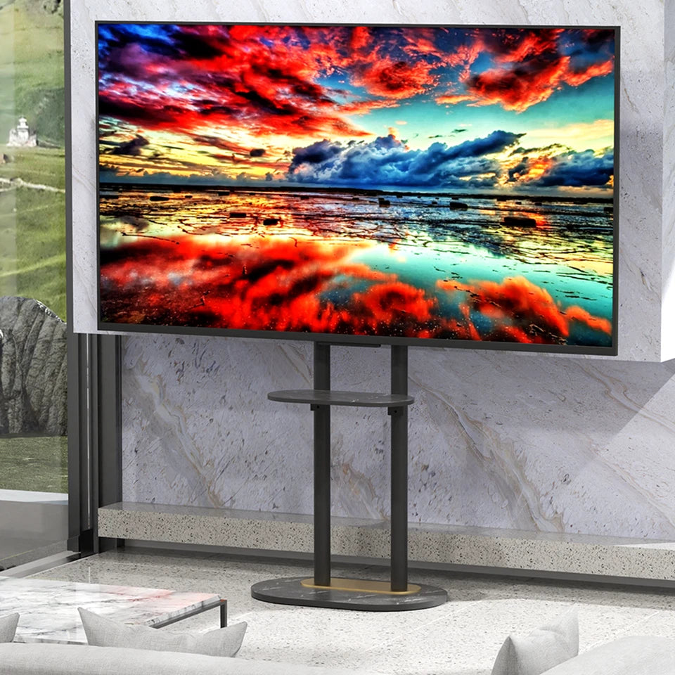 Black Free Standing TV Mount with Shelf and Premium Stone Base for Flat Screens