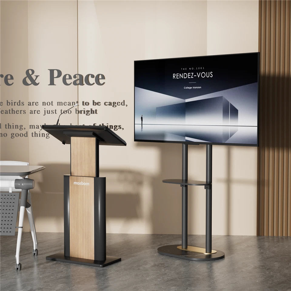 Black Free Standing TV Mount with Shelf and Premium Stone Base for Flat Screens