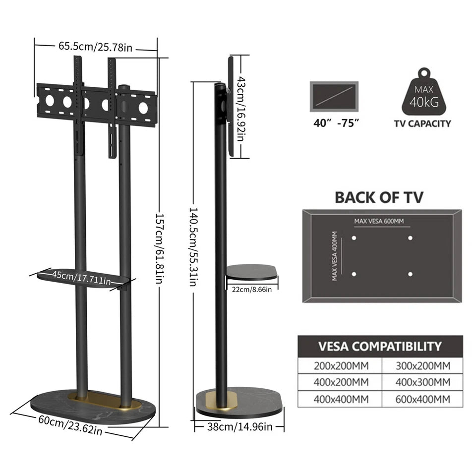 Black Free Standing TV Mount with Shelf and Premium Stone Base for Flat Screens