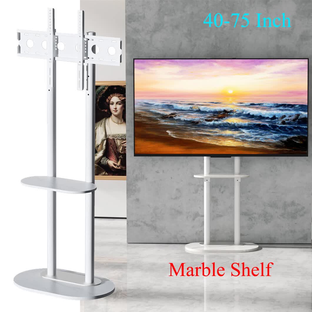 40-75" Heavy Duty Floor Tv Stand W/ Marble Shelf Adjustable Height Mount Bracket