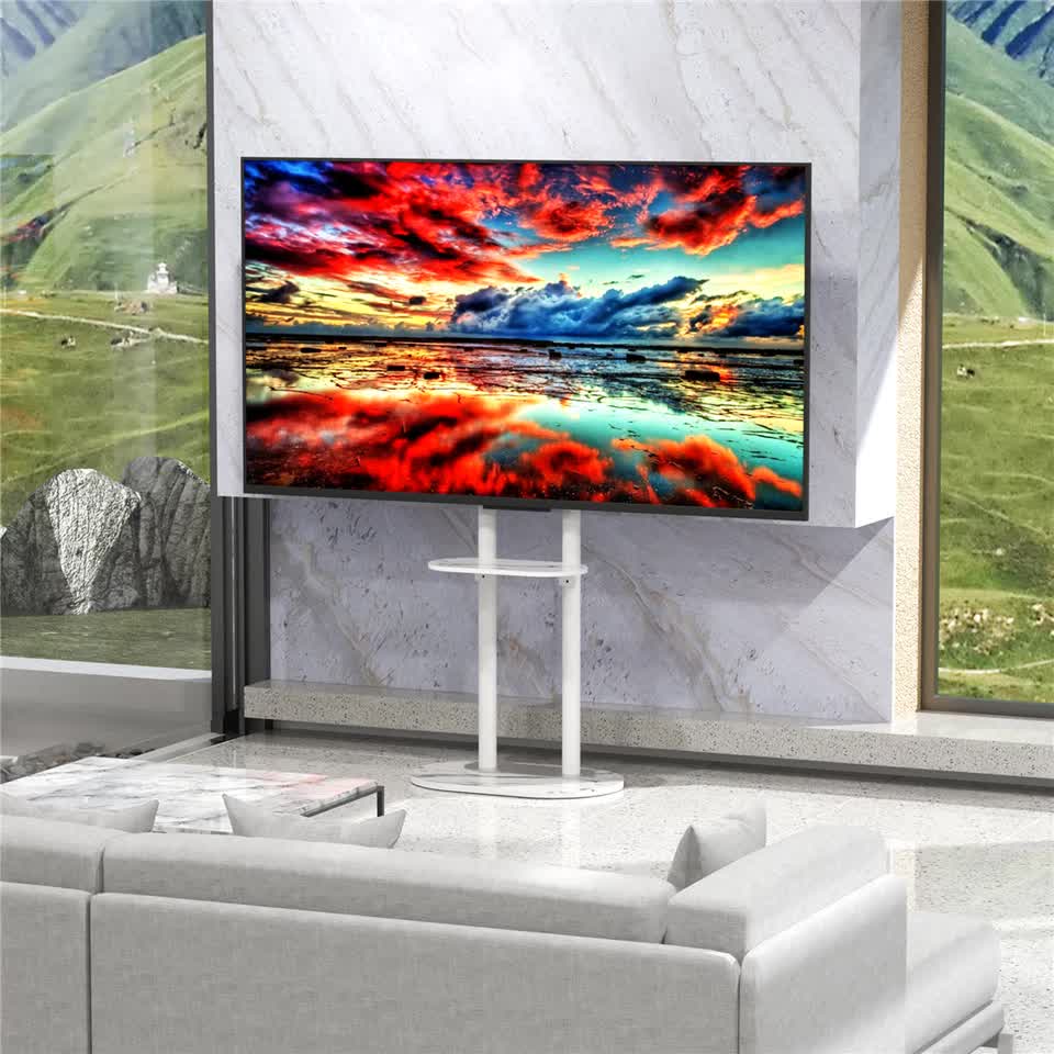40-75" Heavy Duty Floor Tv Stand W/ Marble Shelf Adjustable Height Mount Bracket
