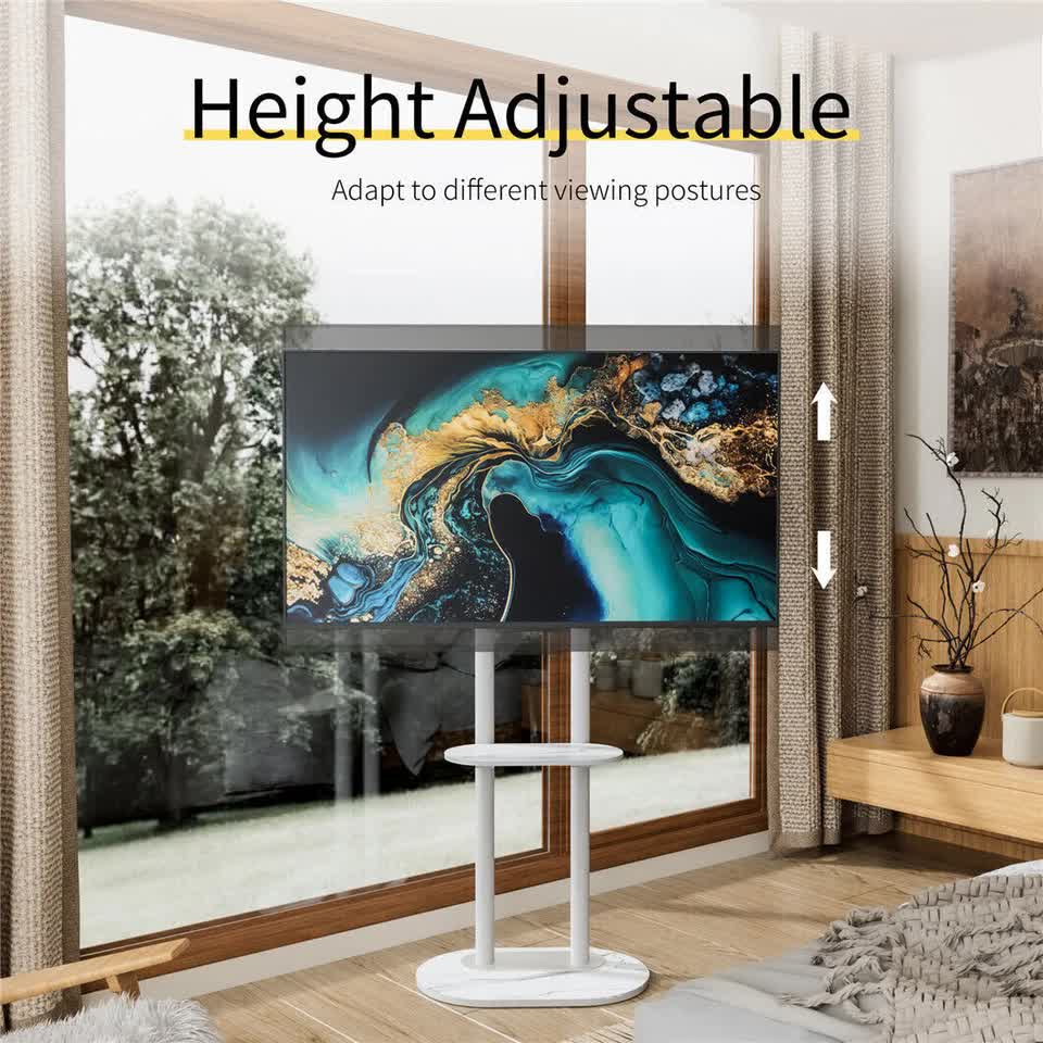 40-75" Heavy Duty Floor Tv Stand W/ Marble Shelf Adjustable Height Mount Bracket