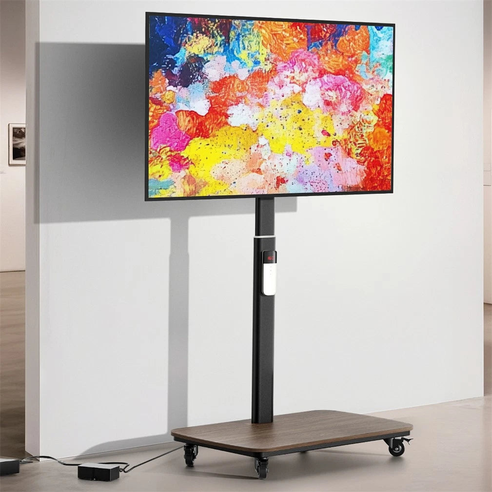 37-75 Inch Electric Height Adjustable Rolling TV Stand - Motorized Floor Mount with Remote Control, Shelf & Lockable Wheels