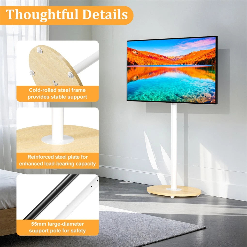 40-75 Inches Rolling TV Floor Stand Heavy Duty Steel TV Cart Mount with Hidden Wheels, Height Adjustable Free-Standing TV Bracket with Wooden Base for Flat Screen TVs