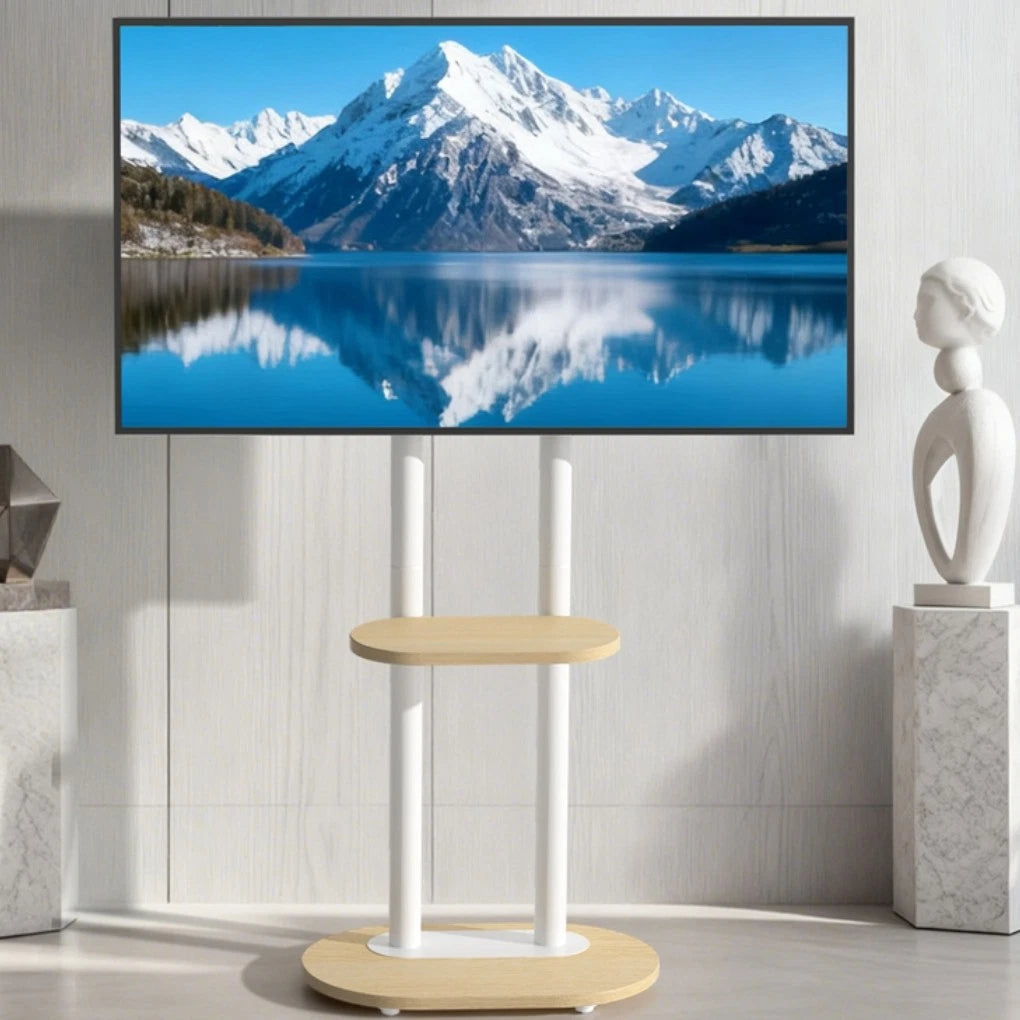 40-75 Inches Heavy Duty Mobile TV Floor Stand with Wooden Shelf, Height Adjustable Rolling TV Mount for Flat Screen, Free-Standing Steel TV Bracket with Wheels