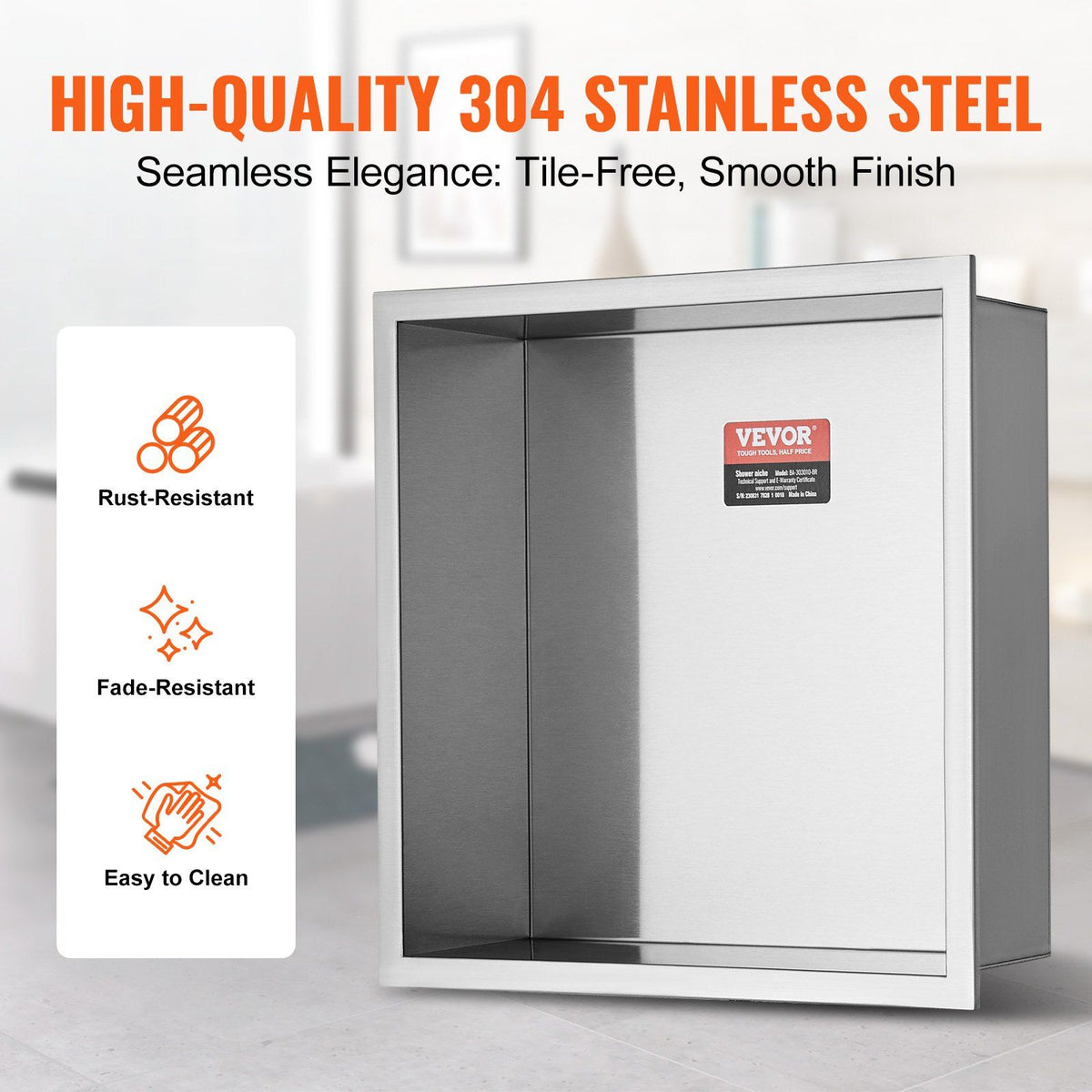 33 x 33 cm 304 Stainless Steel Shower Niche Double Shelf, Waterproof Recessed Bathroom Storage, No Tile, Silver