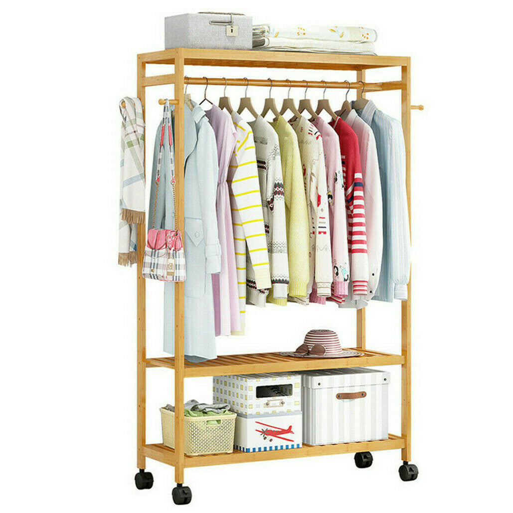 169cm Mildrew-proof Bamboo Clothes Shelves Stand On Wheels Coat Shoes Bags Rack