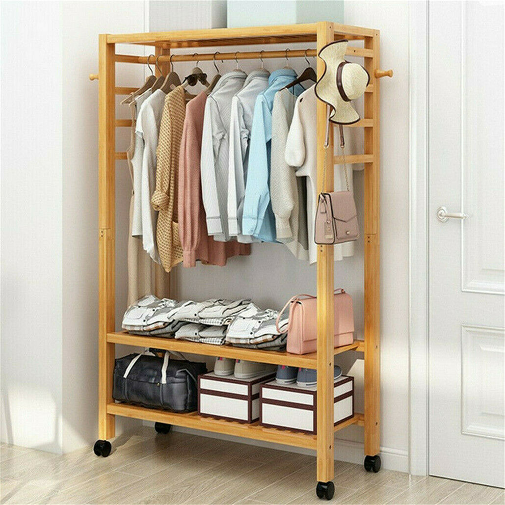 169cm Mildrew-proof Bamboo Clothes Shelves Stand On Wheels Coat Shoes Bags Rack