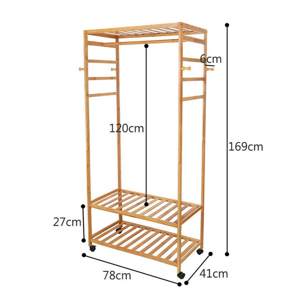 169cm Mildrew-proof Bamboo Clothes Shelves Stand On Wheels Coat Shoes Bags Rack
