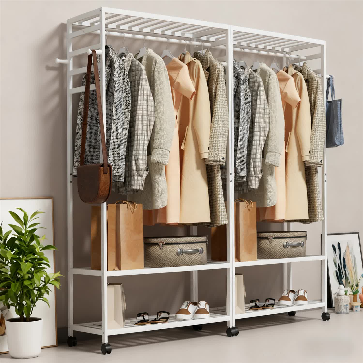 XXL Bamboo Clothes Rail Coat Rack with Wheels, Wooden Open Wardrobe Garment Organizer with Hanging Rod, Shelves and Hooks, White Freestanding Clothes Stand